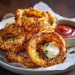 Crispy keto onion rings baked until golden brown, coated without breadcrumbs or frying, served with a creamy low-carb dipping sauce.