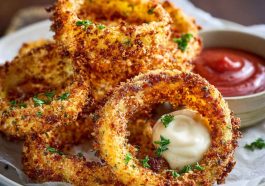 Crispy keto onion rings baked until golden brown, coated without breadcrumbs or frying, served with a creamy low-carb dipping sauce.
