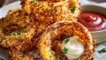 Crispy keto onion rings baked until golden brown, coated without breadcrumbs or frying, served with a creamy low-carb dipping sauce.