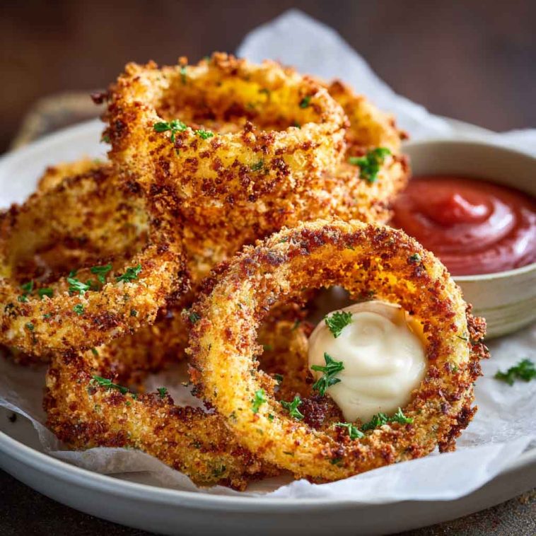 Crispy keto onion rings baked until golden brown, coated without breadcrumbs or frying, served with a creamy low-carb dipping sauce.