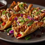 Applebee’s chicken wonton tacos with grilled chicken, slaw, and sauce in crispy wonton shells.