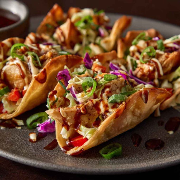 Applebee’s chicken wonton tacos with grilled chicken, slaw, and sauce in crispy wonton shells.