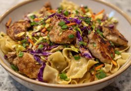 Potsticker noodle bowl with pork, noodles, and fresh cabbage slaw served in a bowl.