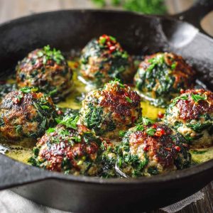 Easy spinach and garlic meatballs served on a plate with marinara sauce, garnished with fresh parsley and Parmesan cheese.