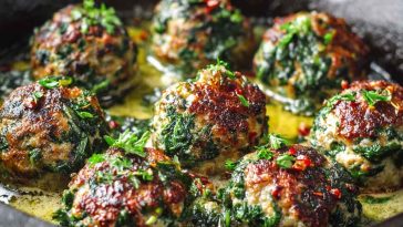 Easy spinach and garlic meatballs served on a plate with marinara sauce, garnished with fresh parsley and Parmesan cheese.