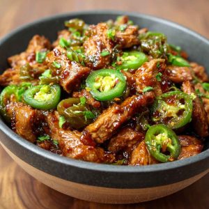Irresistible sweet jalapeño pork served in a skillet with tender pork pieces glazed in a sweet and spicy jalapeño sauce, garnished with fresh cilantro and lime wedges.