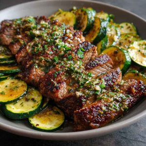 Effortless garlic butter steak and zucchini delight served in a skillet with juicy seared steak bites, sautéed zucchini, and a rich garlic butter sauce, garnished with fresh parsley.