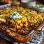 Hobo casserole ground beef recipe baked in a casserole dish with layers of seasoned ground beef, potatoes, vegetables, and melted cheese, served golden brown and hearty.