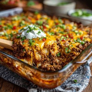 Hobo casserole ground beef recipe baked in a casserole dish with layers of seasoned ground beef, potatoes, vegetables, and melted cheese, served golden brown and hearty.