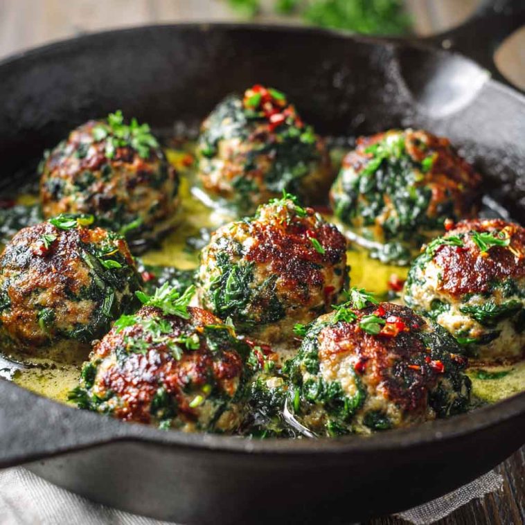 Easy spinach and garlic meatballs served on a plate with marinara sauce, garnished with fresh parsley and Parmesan cheese.
