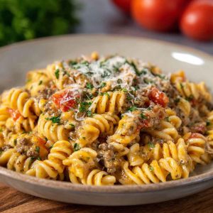 Creamy Rotel pasta with ground beef served in a skillet, featuring tender pasta coated in a cheesy Rotel tomato sauce with seasoned ground beef, garnished with fresh parsley.