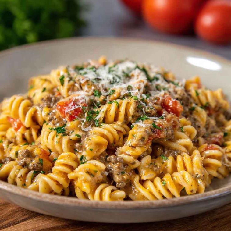 Creamy Rotel pasta with ground beef served in a skillet, featuring tender pasta coated in a cheesy Rotel tomato sauce with seasoned ground beef, garnished with fresh parsley.