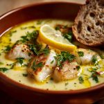 Homemade lemon fish soup served in a rustic bowl, made with tender white fish, fresh vegetables, herbs, and a zesty lemon broth, garnished with parsley.
