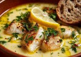Homemade lemon fish soup served in a rustic bowl, made with tender white fish, fresh vegetables, herbs, and a zesty lemon broth, garnished with parsley.