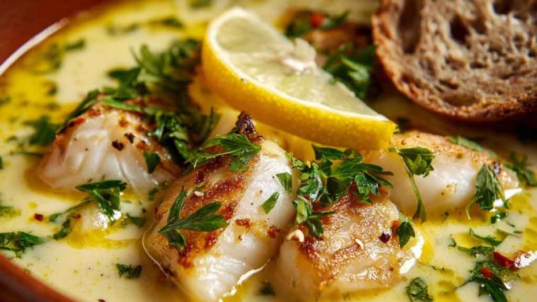 Homemade lemon fish soup served in a rustic bowl, made with tender white fish, fresh vegetables, herbs, and a zesty lemon broth, garnished with parsley.