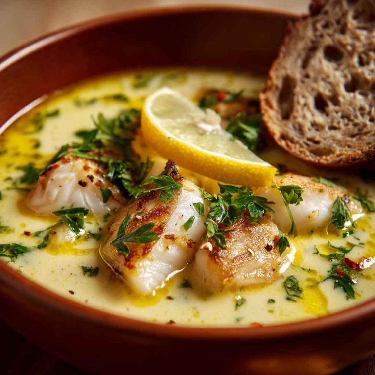 Homemade lemon fish soup served in a rustic bowl, made with tender white fish, fresh vegetables, herbs, and a zesty lemon broth, garnished with parsley.