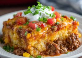Easy cowboy casserole baked in a skillet with ground beef, beans, corn, cheese, and crispy tater tots, served hot and golden brown.