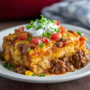 Easy cowboy casserole baked in a skillet with ground beef, beans, corn, cheese, and crispy tater tots, served hot and golden brown.
