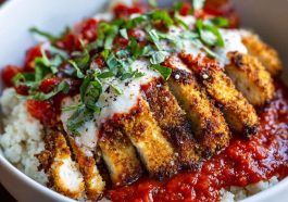 Cottage cheese chicken parm bowl with crispy breaded chicken, marinara sauce, melted mozzarella, and creamy cottage cheese served over pasta or rice, garnished with fresh basil.