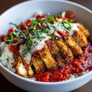 Cottage cheese chicken parm bowl with crispy breaded chicken, marinara sauce, melted mozzarella, and creamy cottage cheese served over pasta or rice, garnished with fresh basil.