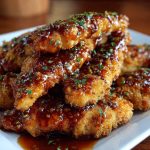 Brown sugar chicken tenders baked golden brown, coated in a sweet and savory glaze, served on a platter with dipping sauce and garnished with fresh herbs.