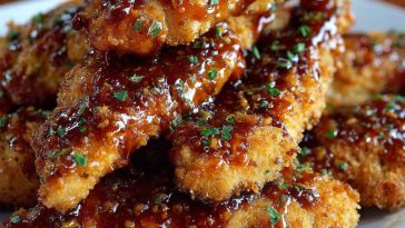 Brown sugar chicken tenders baked golden brown, coated in a sweet and savory glaze, served on a platter with dipping sauce and garnished with fresh herbs.