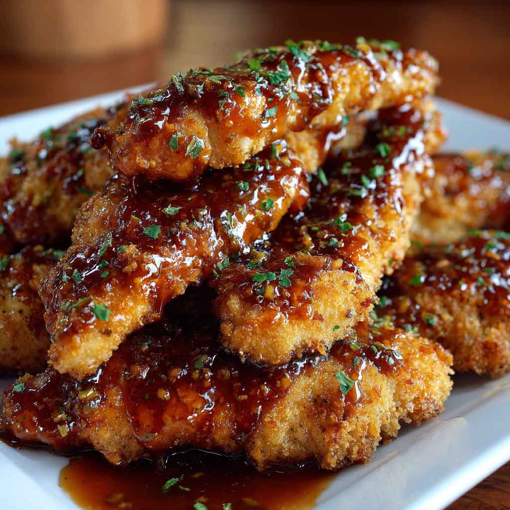 Brown sugar chicken tenders baked golden brown, coated in a sweet and savory glaze, served on a platter with dipping sauce and garnished with fresh herbs.