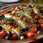 Mediterranean baked fish fillet topped with cherry tomatoes, olives, garlic, and fresh herbs, baked in olive oil and lemon, served in a rustic dish.