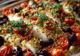 Mediterranean baked fish fillet topped with cherry tomatoes, olives, garlic, and fresh herbs, baked in olive oil and lemon, served in a rustic dish.