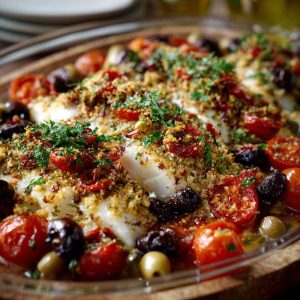Mediterranean baked fish fillet topped with cherry tomatoes, olives, garlic, and fresh herbs, baked in olive oil and lemon, served in a rustic dish.