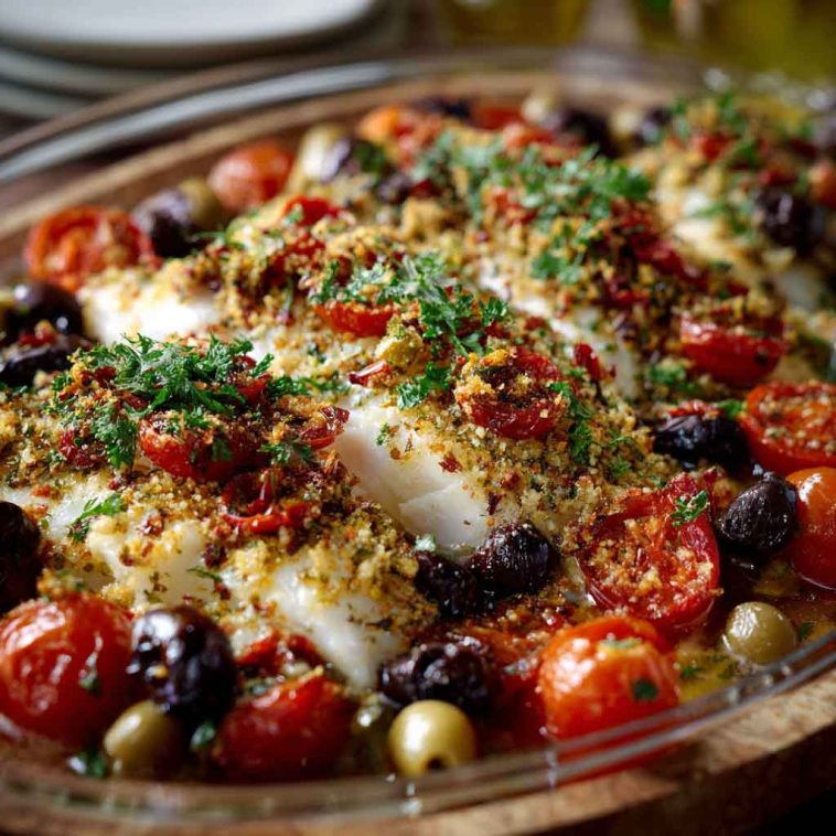 Mediterranean baked fish fillet topped with cherry tomatoes, olives, garlic, and fresh herbs, baked in olive oil and lemon, served in a rustic dish.