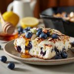 High-protein lemon blueberry breakfast bake made with cottage cheese, fresh blueberries, oats, and a golden crust, served warm in a baking dish and garnished with lemon zest.