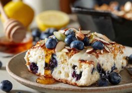 High-protein lemon blueberry breakfast bake made with cottage cheese, fresh blueberries, oats, and a golden crust, served warm in a baking dish and garnished with lemon zest.