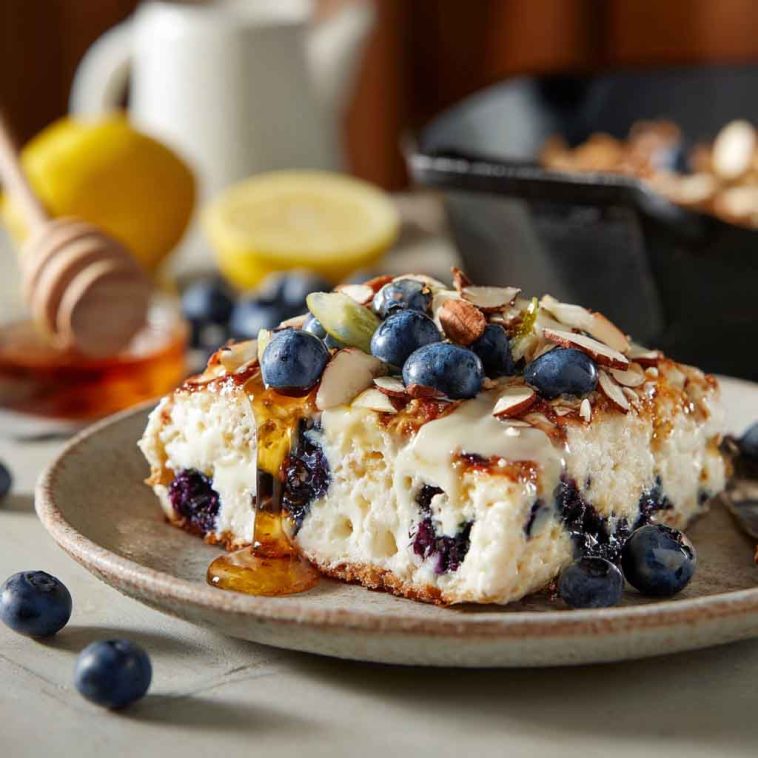 High-protein lemon blueberry breakfast bake made with cottage cheese, fresh blueberries, oats, and a golden crust, served warm in a baking dish and garnished with lemon zest.