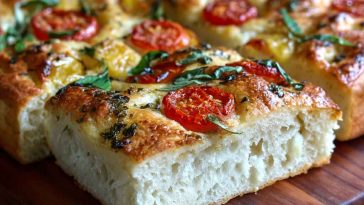 Homemade Margherita focaccia bread baked golden brown, topped with fresh tomatoes, mozzarella, basil leaves, and drizzled with olive oil.