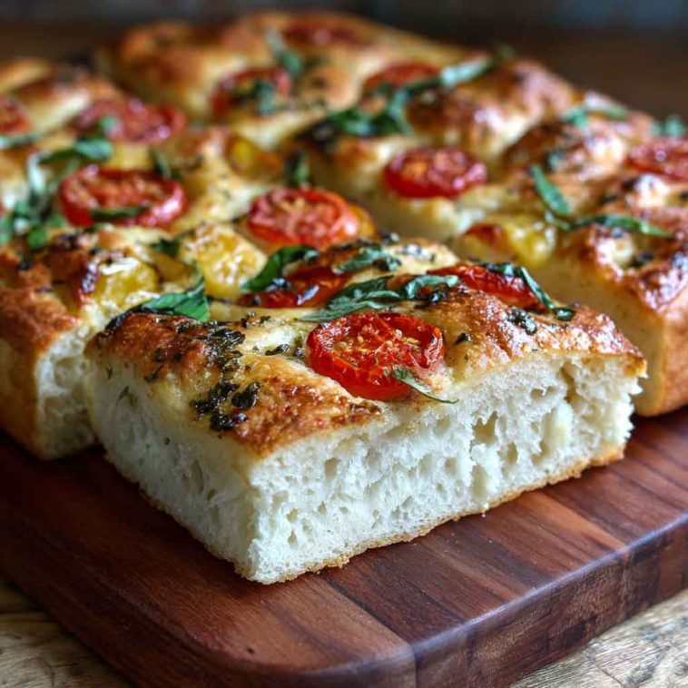 Homemade Margherita focaccia bread baked golden brown, topped with fresh tomatoes, mozzarella, basil leaves, and drizzled with olive oil.
