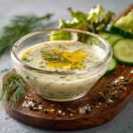 Homemade dill pickle salad dressing in a glass jar, creamy and tangy with chopped dill pickles, herbs, and a drizzle of olive oil.