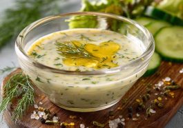 Homemade dill pickle salad dressing in a glass jar, creamy and tangy with chopped dill pickles, herbs, and a drizzle of olive oil.