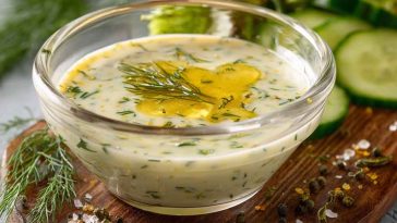 Homemade dill pickle salad dressing in a glass jar, creamy and tangy with chopped dill pickles, herbs, and a drizzle of olive oil.