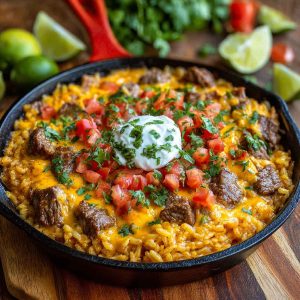 Bowl of steak queso rice topped with melted cheese and garnished with fresh cilantro.