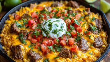 Bowl of steak queso rice topped with melted cheese and garnished with fresh cilantro.