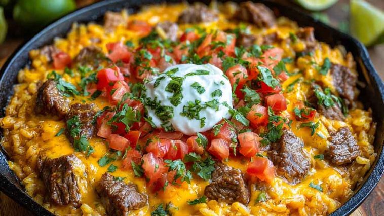 Bowl of steak queso rice topped with melted cheese and garnished with fresh cilantro.
