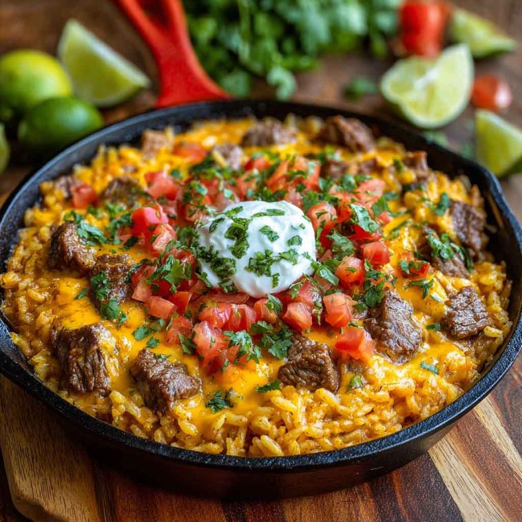 Bowl of steak queso rice topped with melted cheese and garnished with fresh cilantro.