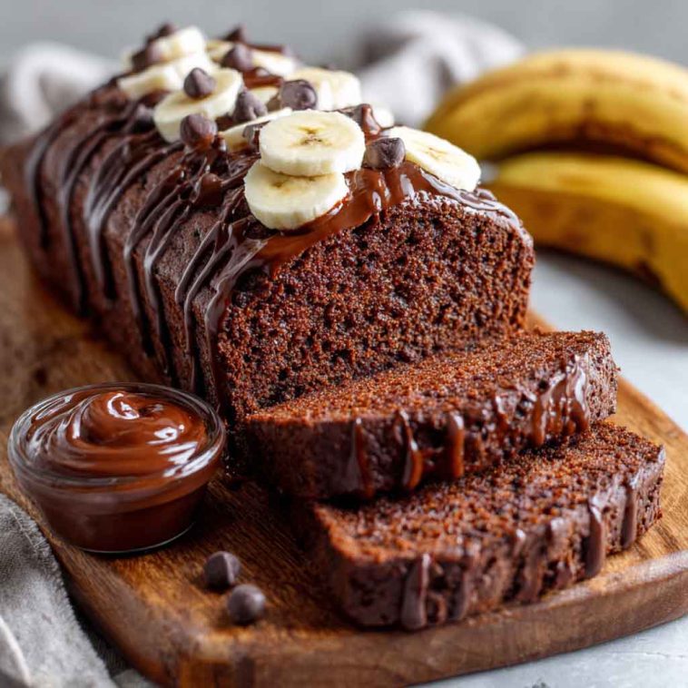 High protein chocolate banana bread sliced on a wooden board, showing moist texture with chocolate chips and protein-rich ingredients, served with a cup of coffee.