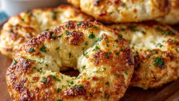 Golden garlic-Parmesan cottage cheese bagels topped with melted cheese and herbs on a wooden board.
