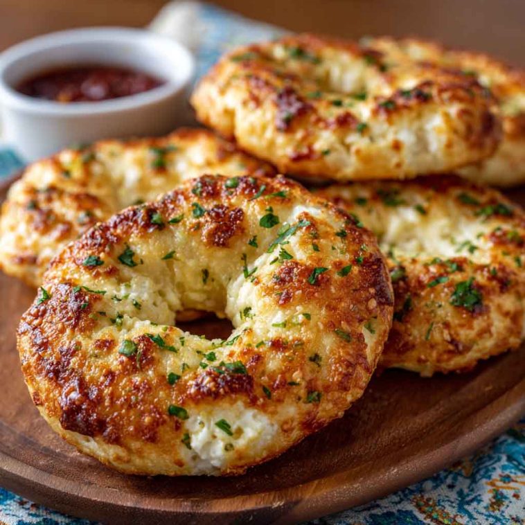 Golden garlic-Parmesan cottage cheese bagels topped with melted cheese and herbs on a wooden board.