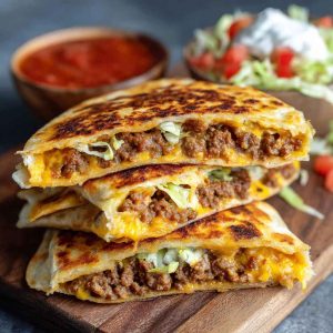 Golden keto crunchwrap cut in half, showing layers of beef, cheese, lettuce, and sour cream.