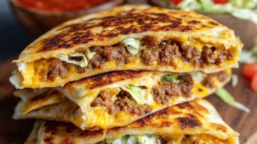 Golden keto crunchwrap cut in half, showing layers of beef, cheese, lettuce, and sour cream.
