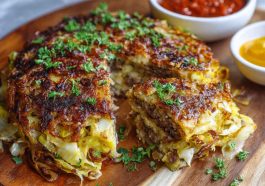 Easy crispy cabbage burger bake with layers of seasoned ground beef, shredded cabbage, melted cheese, and golden crispy topping baked in a casserole dish.