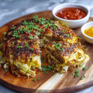 Easy crispy cabbage burger bake with layers of seasoned ground beef, shredded cabbage, melted cheese, and golden crispy topping baked in a casserole dish.